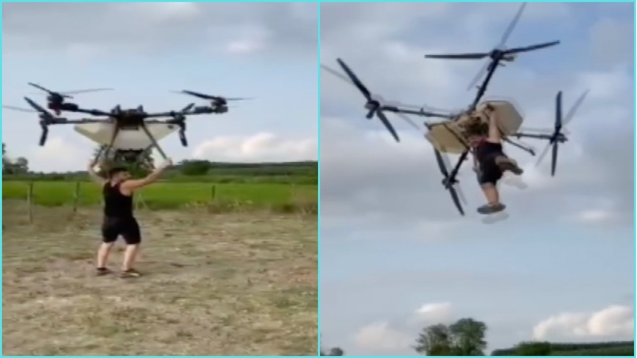 Tarım dronuna tutunan işçi düştü! O anlar kamerada