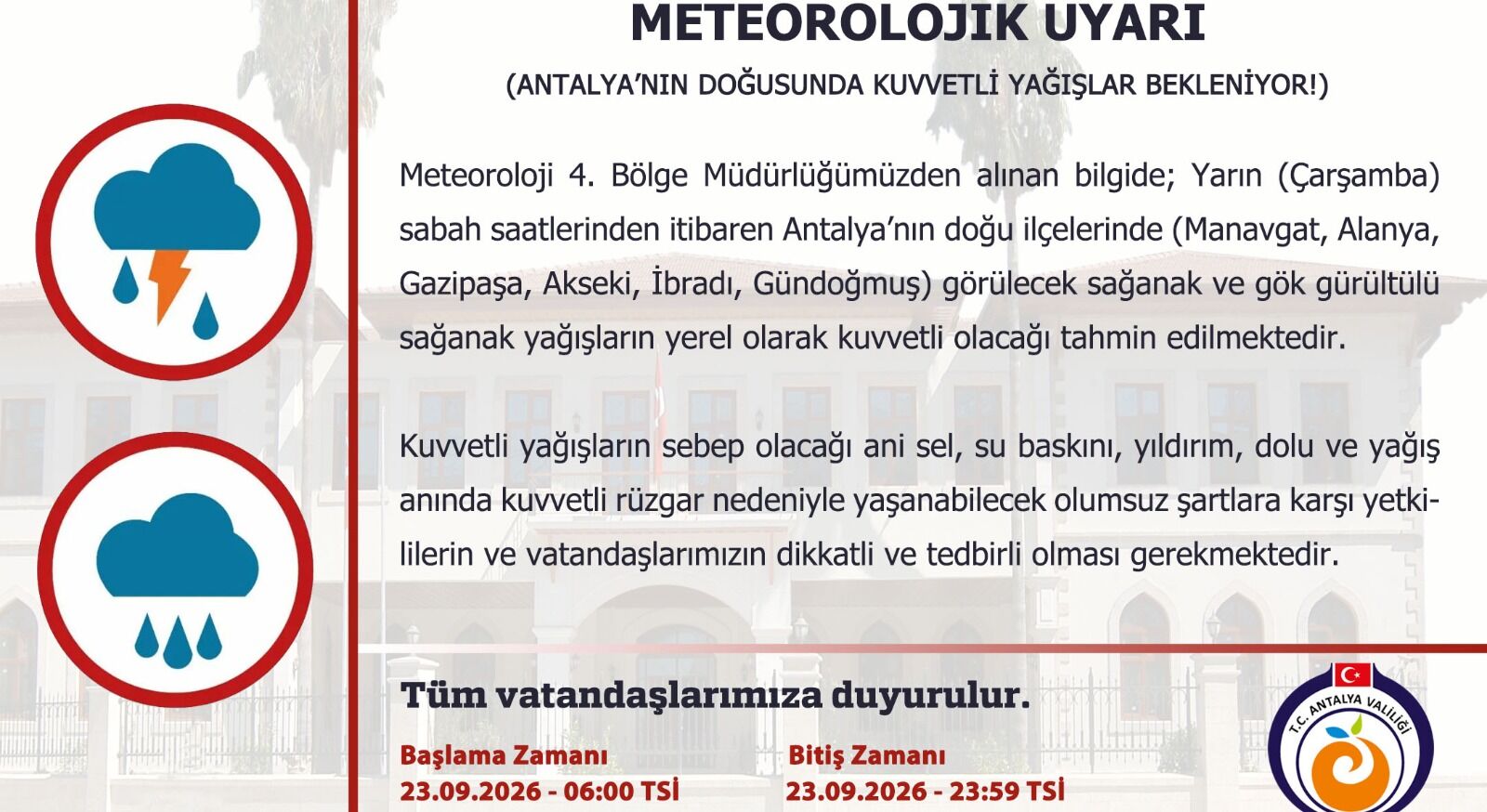 Meteoroloji Uyarı 23 Eylül