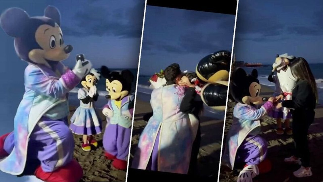 Antalya'da unutulmaz evlenme teklifi! Miki kostümü giydi!