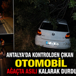 Antalya'da kontrolden çıkan otomobil ağaçta asılı kalarak durdu