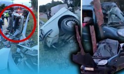 Antalya-Mersin karayolunda şok görüntü! Otomobil ikiye bölündü!