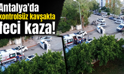 Antalya'da kontrolsüz kavşakta feci kaza! Ticari araç devrildi