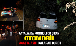 Antalya'da kontrolden çıkan otomobil ağaçta asılı kalarak durdu