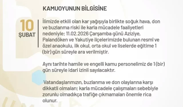 Erzurum’da okullara kar tatili 