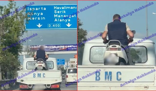 Antalya'da tehlikeli taşımacılık: Kamyonet kasasında motorla yolculuk yaptı!