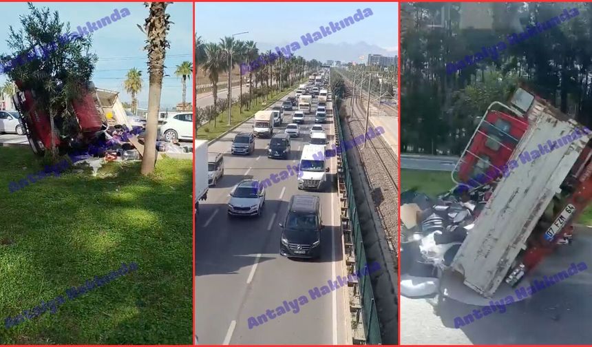 Antalya’da boya yüklü kamyonet devrildi! Trafik kilitlendi