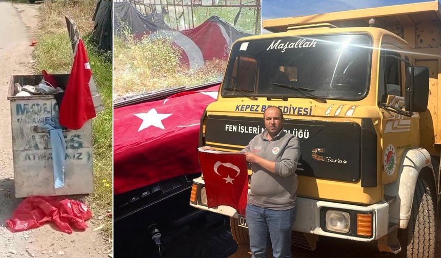 Antalya'da çöpe atılan Türk bayrağını alıp başköşeye koydu