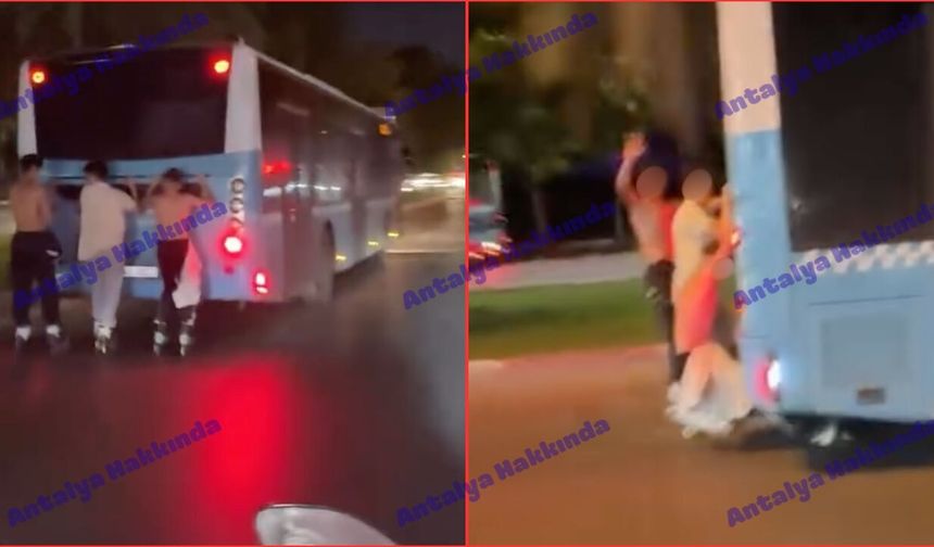 Antalya'da otobüse tutunup seyahat ettiler!