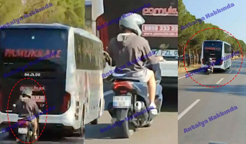 Antalya tehlikeli yolculuk! Otobüse tutunan motosikletli korkuttu!