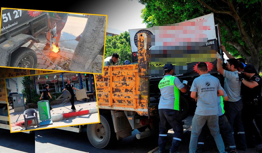 Antalya'da kaldırım işgali: Zincirli römork, masa ve sandalyelere el konuldu
