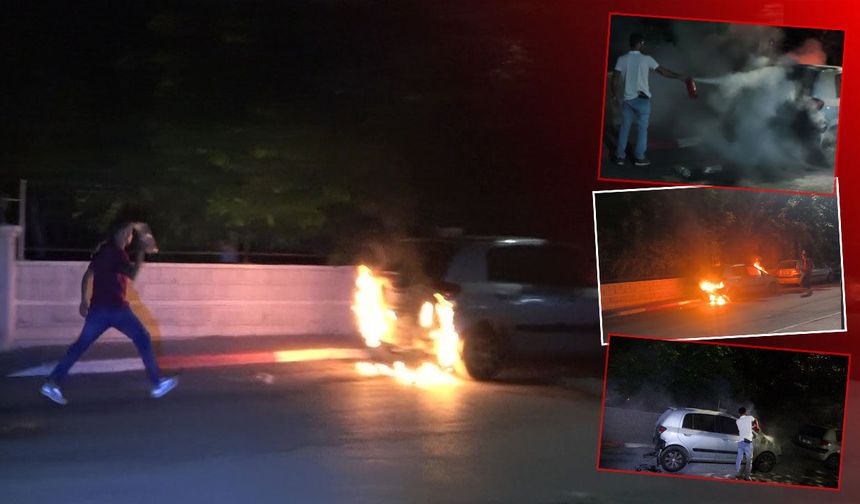 Antalya'da otomobil alev topuna döndü: Mahalleli su şişesiyle yangına koştu!