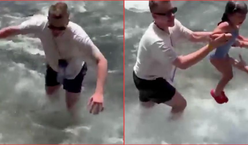 Antalya'da akıntıya kapılan küçük kızı Rus turist kurtardı!  İşte o anlar
