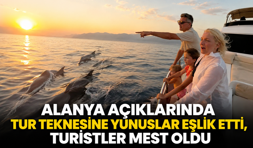 Alanya açıklarında tur teknesine yunuslar eşlik etti, turistler mest oldu