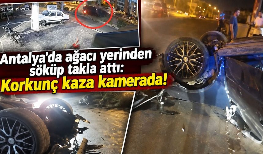 Antalya'da ağacı yerinden söküp takla attı: Korkunç kaza kamerada!